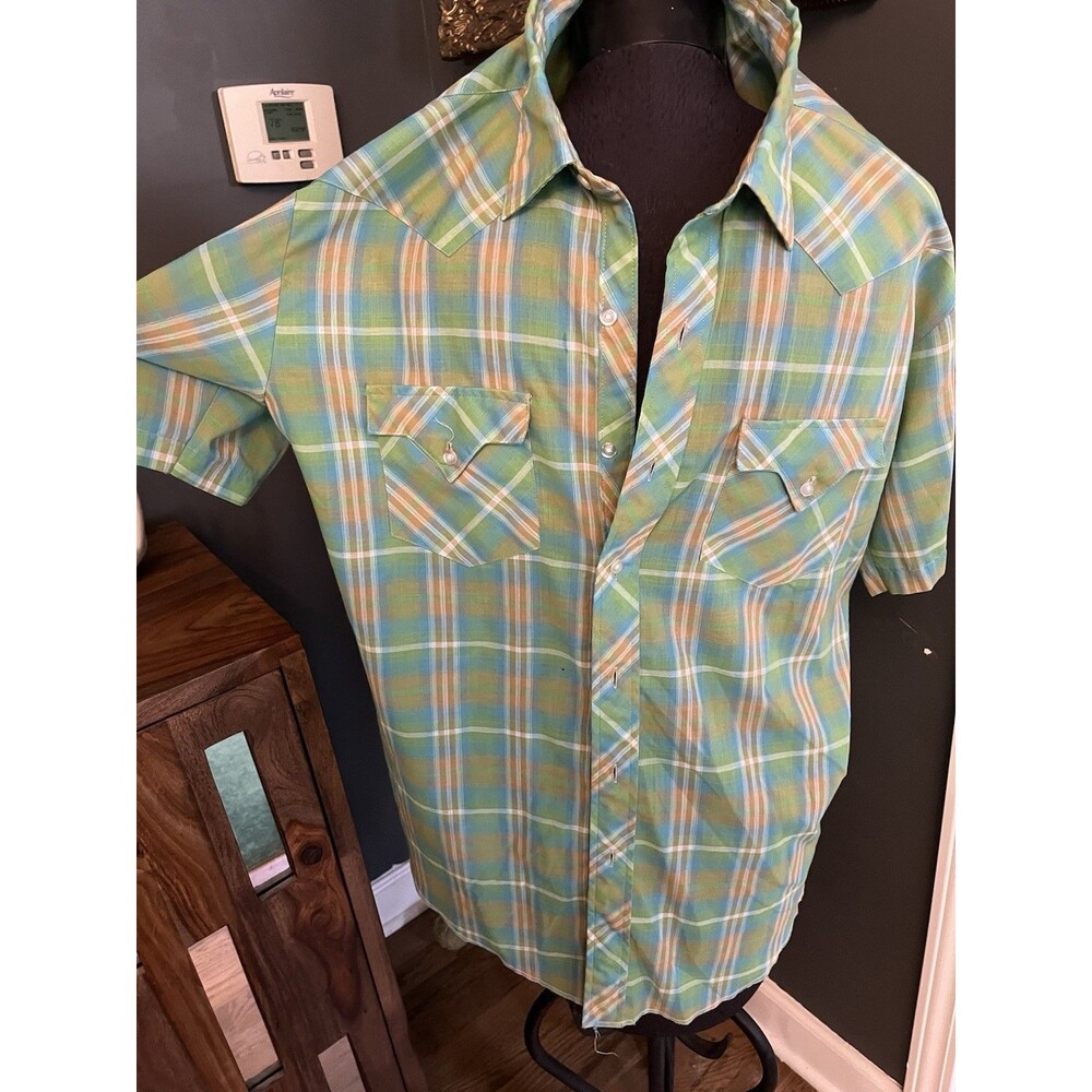 Vintage Men’s Team Tex Western Cut Short Sleeve Button Shirt XL Slim Green Plaid - Picture 5 of 9
